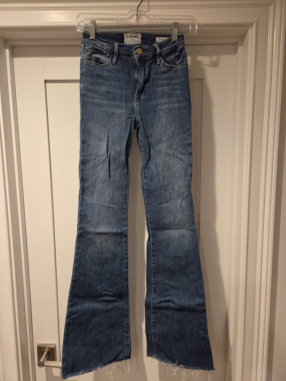 Frame Denim Medium Blue Le High Flare Jeans with Frayed Hem